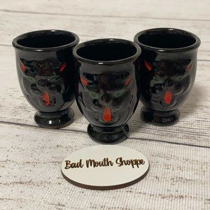 Set of 3 Vintage Shafford Redware Japan Black Cat Shot Glasses Egg Cups